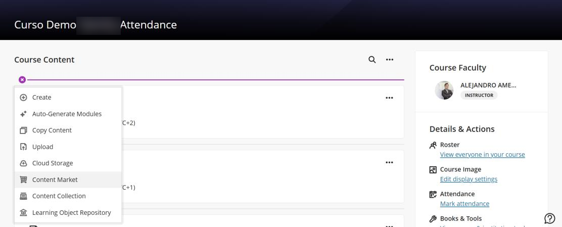 Blackboard course content with the Content Market option in the add menu