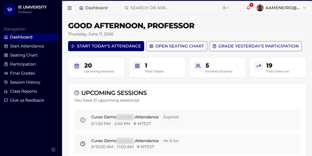 SmartSeat professor home dashboard after signing in