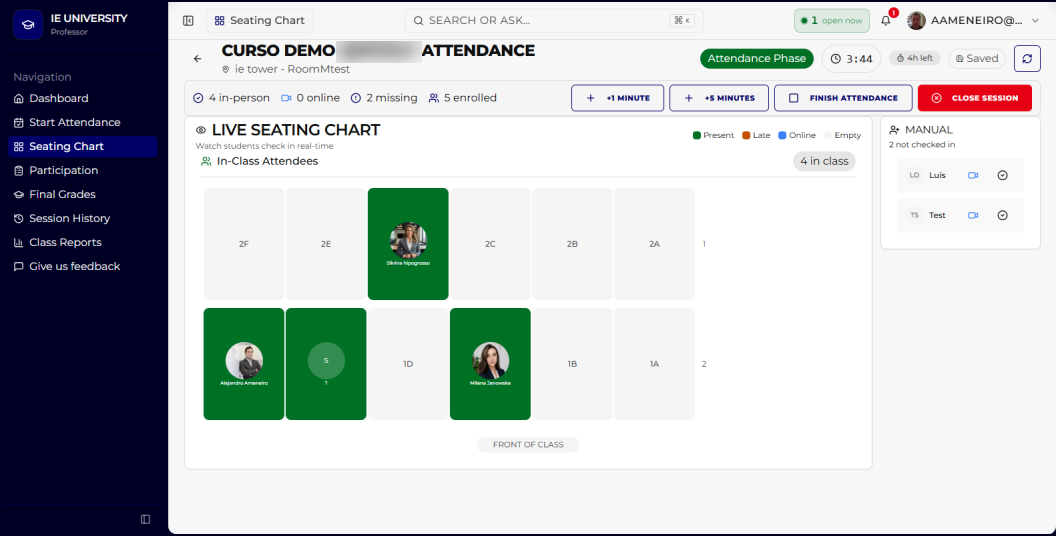 SmartSeat live seating chart with student photos lighting up as they check in