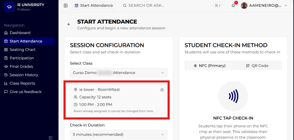 SmartSeat start attendance configuration with class, room and duration