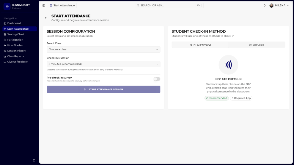 SmartSeat start attendance screen ready to launch the session