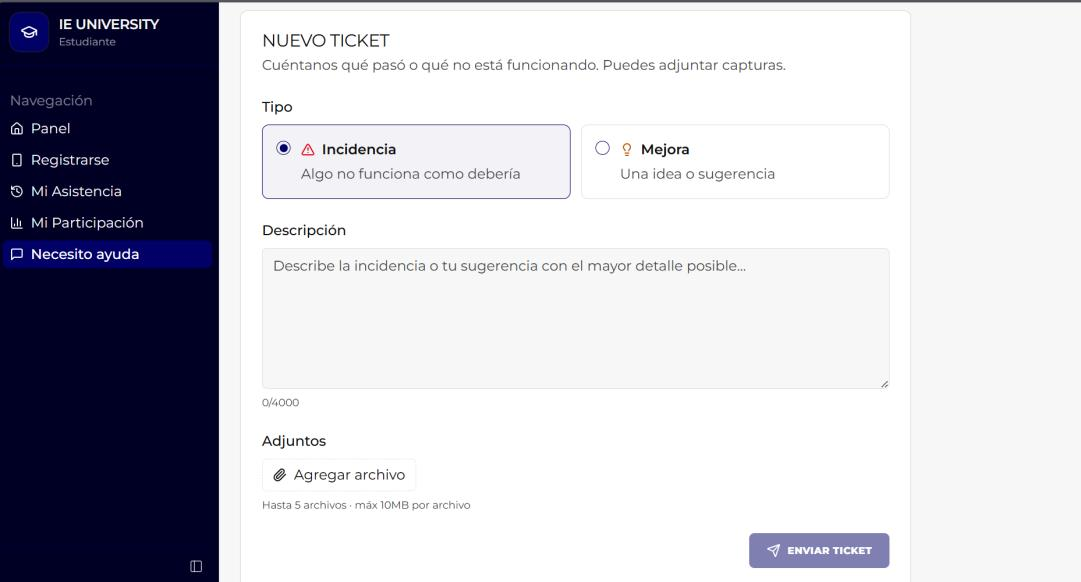 SmartSeat new ticket form with Incident and Improvement types, description and attachments