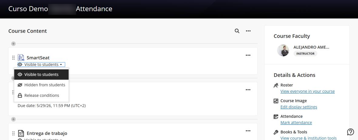 Blackboard course content showing the SmartSeat visibility setting for students