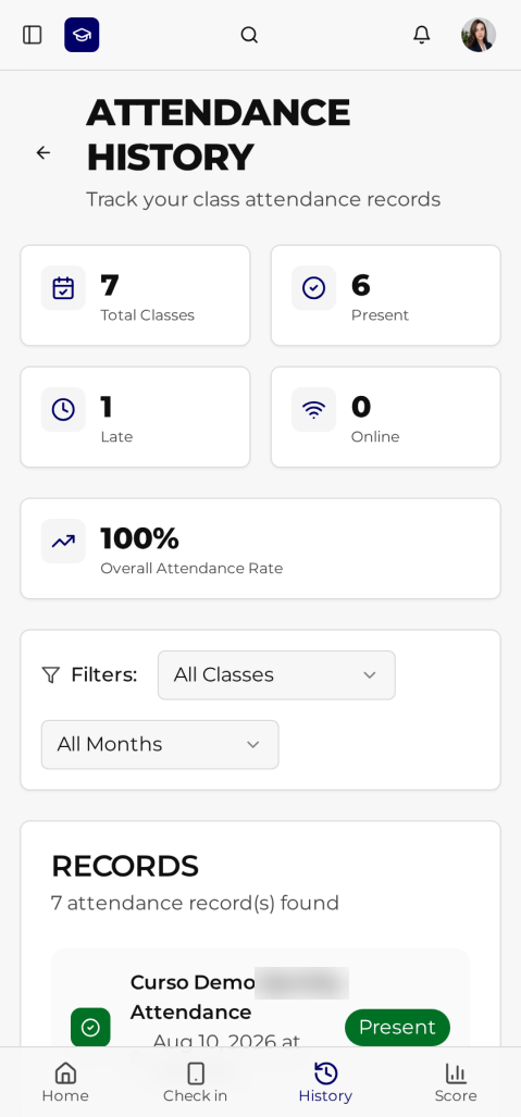 SmartSeat attendance history screen with total classes, present, late and online counters