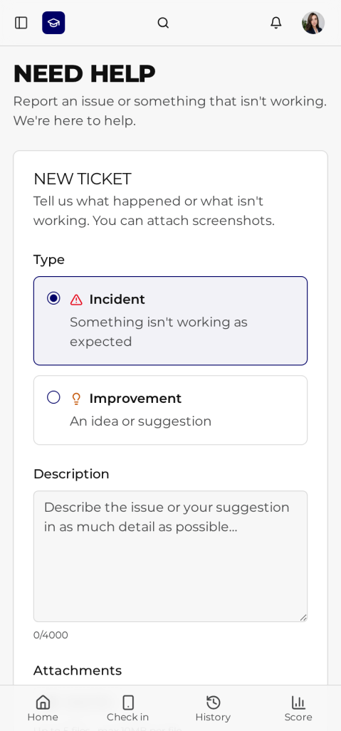 SmartSeat Need help screen on mobile with Incident and Improvement options and a description field