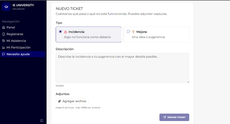SmartSeats help screen with the new ticket form and the Issue and Improvement types